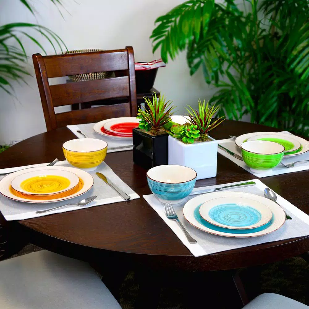 Gibson Home Confetti Band 12-Piece Rustic Assorted Ceramic Dinnerware Set (Service For 4) - Image 4