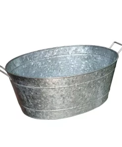 Bar Accessories Benjara 1.1 Gal. Small Silver Steel Embossed Design Oval Shape Galvanized Steel Tub With Side Handles