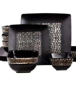 Elama Naina 16-Piece Modern Black Stoneware Dinnerware Set (Service For 4)