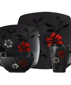 GIBSON Elite Evening Blossom 16-Piece Casual Black Stoneware Dinnerware Set (Service For 4)
