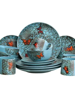 Elama Butterfly Garden 16-Piece Contemporary Blue Stone Dinnerware Set (Service For 4)
