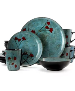 Elama Floral Accents 16-Piece Bohemian Blue Stoneware Dinnerware Set (Service For 4)