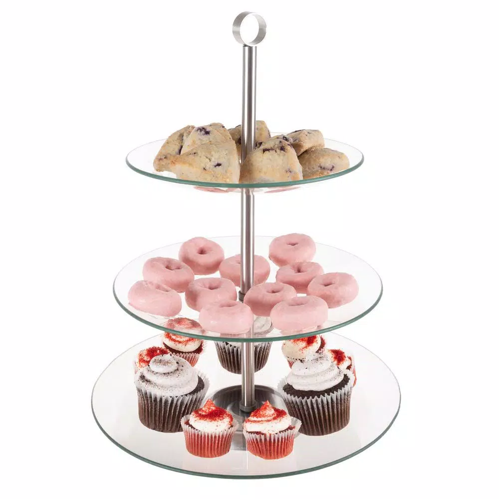 Disposable Tableware Classic Cuisine 3-Tier Round Tempered Glass Dessert Tray (5 Per Case) - Image 2