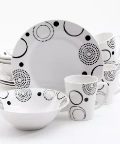 Gibson Home 12-Piece Mid-century Decorated With Black Geometric Design On White Porcelain Dinnerware Set (Service For 4)