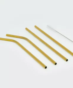Disposable Tableware ExcelSteel 10 Pc Reusable Gold Color Straw Set W/ Cleaning Brushes
