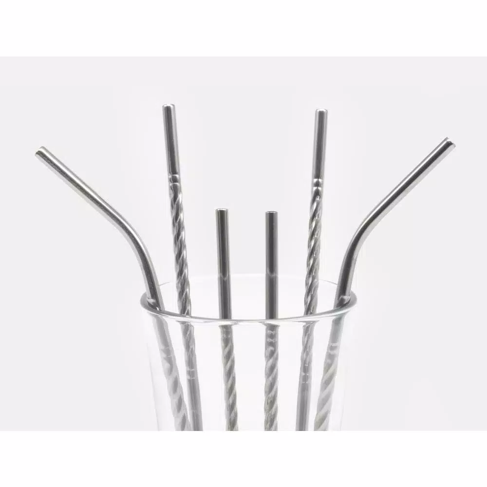 Disposable Tableware ExcelSteel 14 Pc Reusable Swirl Straw Set W/ 8 Long, 4 Short Straws W/ Cleaning Brushes - Image 4