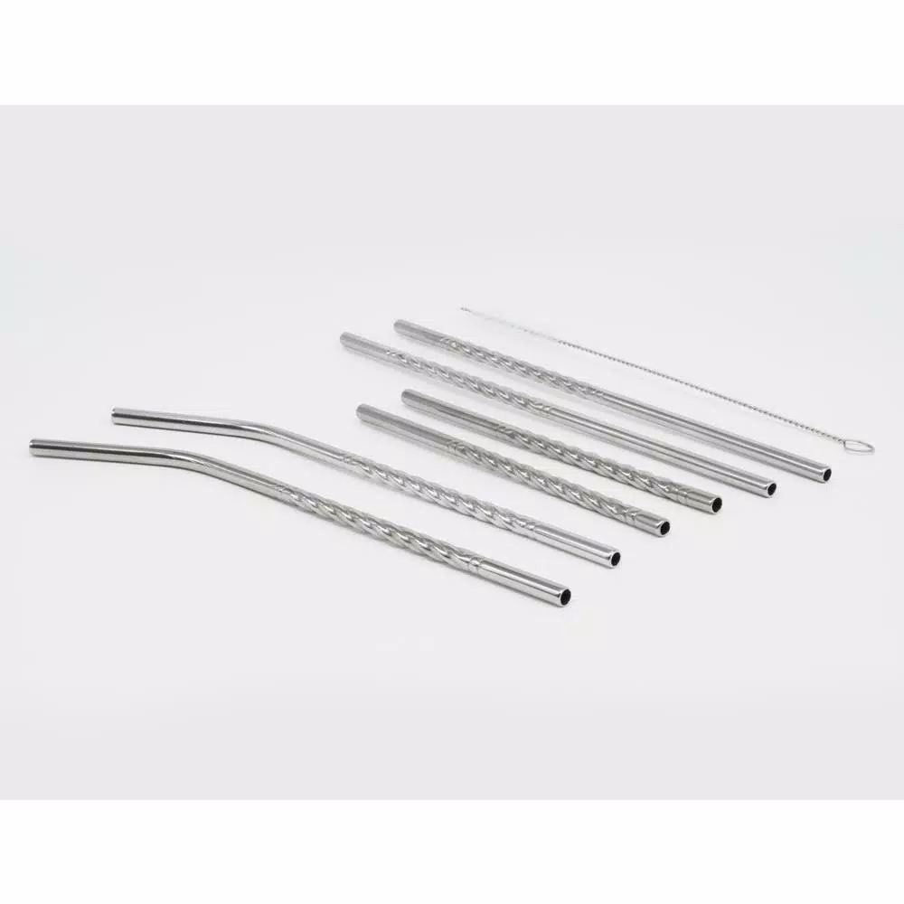 Disposable Tableware ExcelSteel 14 Pc Reusable Swirl Straw Set W/ 8 Long, 4 Short Straws W/ Cleaning Brushes