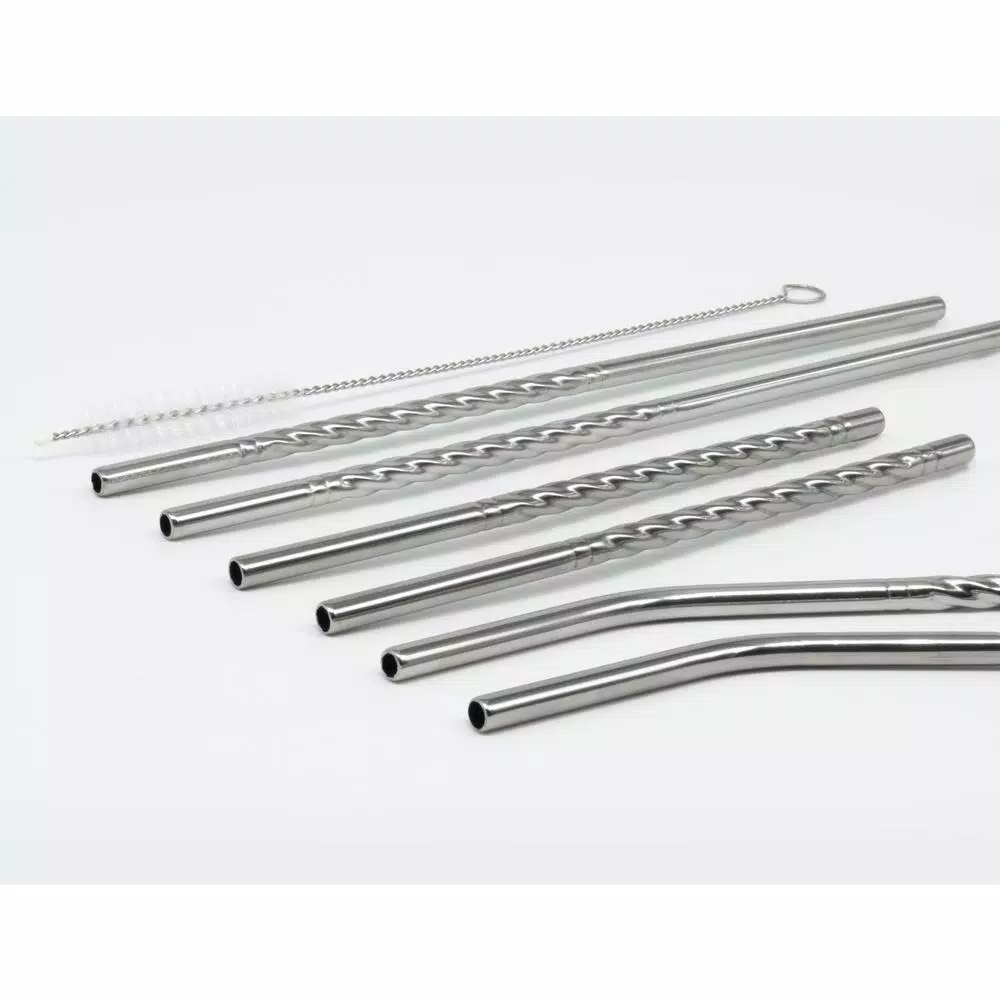 Disposable Tableware ExcelSteel 14 Pc Reusable Swirl Straw Set W/ 8 Long, 4 Short Straws W/ Cleaning Brushes - Image 2