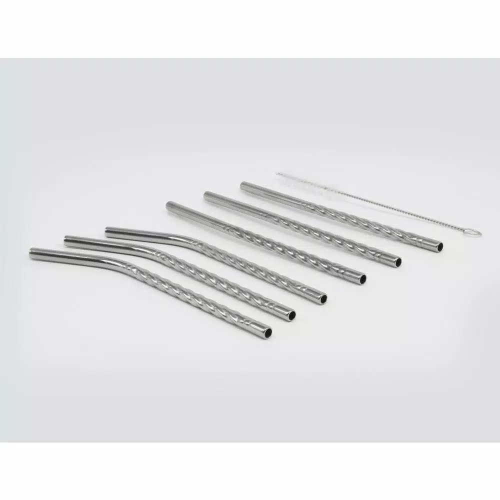 Disposable Tableware ExcelSteel 14 Pc Reusable Swirl Mini Straw Set W/ Cleaning Brushes