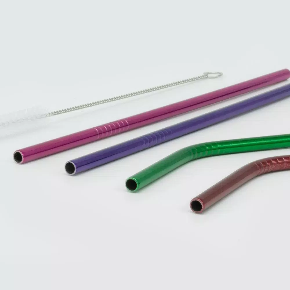 Disposable Tableware ExcelSteel 10 Pc Reusable Powder Coated Stainless Steel Straws W/ Cleaning Brushes - Image 2