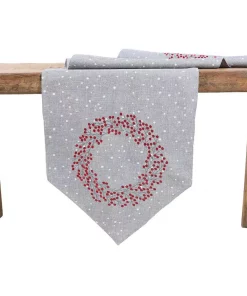 Table Linens & Kitchen Linens Manor Luxe 16 In. X 36 In. Holly Berry Wreath Embroidered Christmas Table Runner, Gray