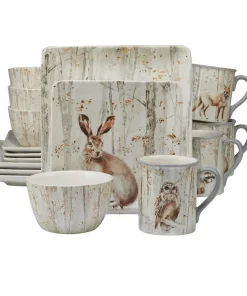 Certified International A Woodland Walk 16-Piece Country/Cottage Grey And Sepia Ceramic Dinnerware Set (Service For 4)
