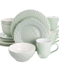 Gibson Home Quilted Eyelet 16-Piece Round Light Grey Fine Ceramic Dinnerware Set (Service For 4)