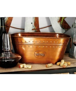 Bar Accessories LITTON LANE 17 In. X 8 In. Oval Bucket Wine Cooler With Ring Handles In Polished Copper Brass And Patina