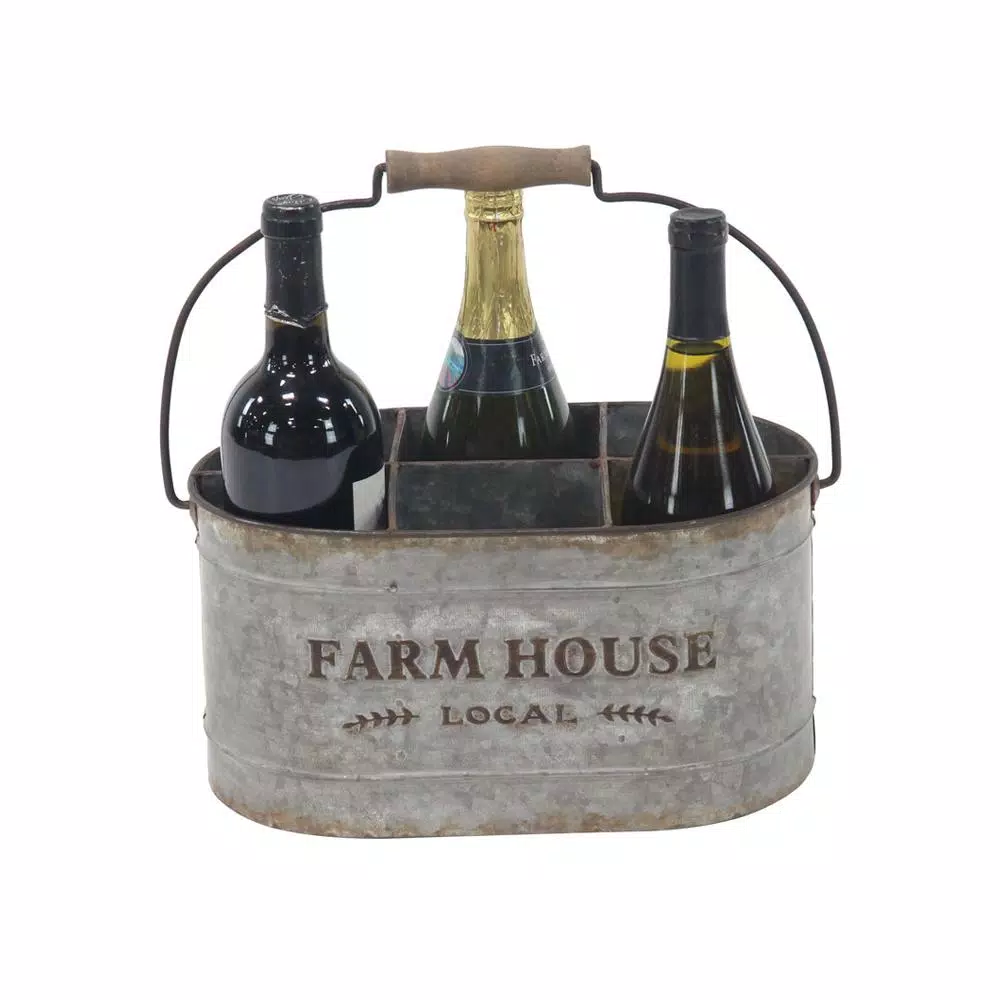 Bar Accessories LITTON LANE Distressed Silver Iron 6-Bottle Oval Wine Caddy - Image 3