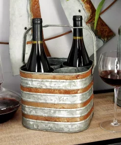 Bar Accessories LITTON LANE 9 In. X 7 In. 4-Bottle 2-Tone Patina Silver And Brass Wine Holder With Handle