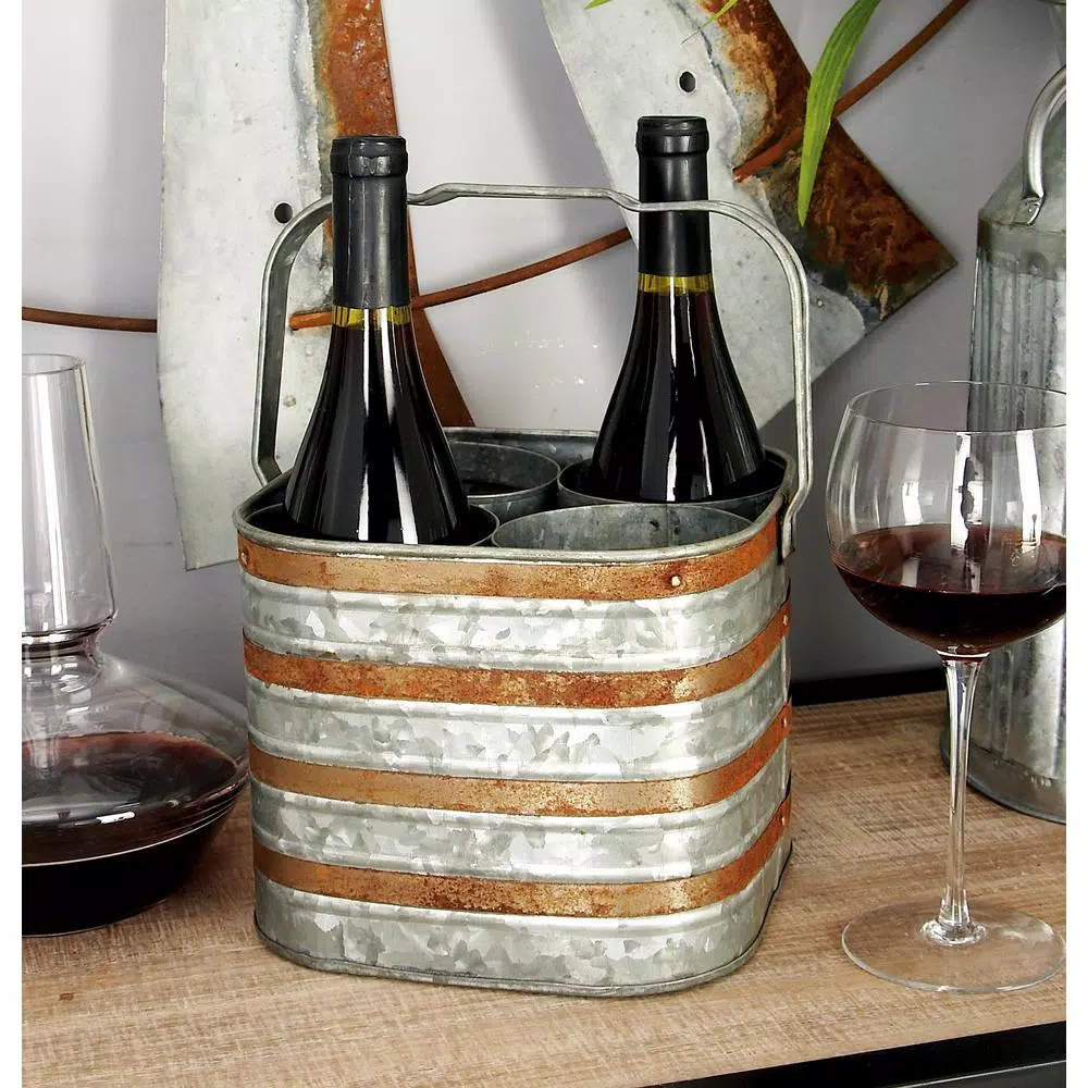 Bar Accessories LITTON LANE 9 In. X 7 In. 4-Bottle 2-Tone Patina Silver And Brass Wine Holder With Handle