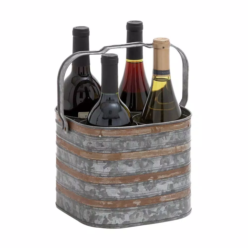 Bar Accessories LITTON LANE 9 In. X 7 In. 4-Bottle 2-Tone Patina Silver And Brass Wine Holder With Handle - Image 2
