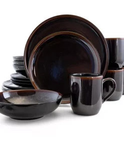 Elama Midnight Beach 16-Piece Modern Metallic Black Stoneware Dinnerware Set (Service For 4)
