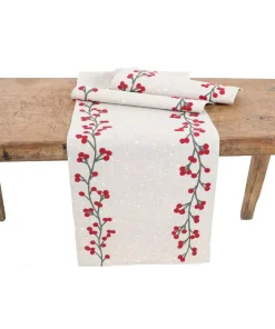 Table Linens & Kitchen Linens Manor Luxe 15 In. X 90 In. Holly Berry Branch Crewel Embroidered Christmas Table Runner, Natural