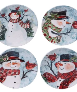 Dinnerware Certified International Watercolor Snowman 4-Piece Holiday Multicolored Earthenware 9 In. Dessert Plate Set (Service For 4)