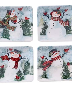 Dinnerware Certified International Watercolor Snowman 4-Piece Holiday Multicolored Earthenware 6 In. Canape Plate Set (Service For 4)