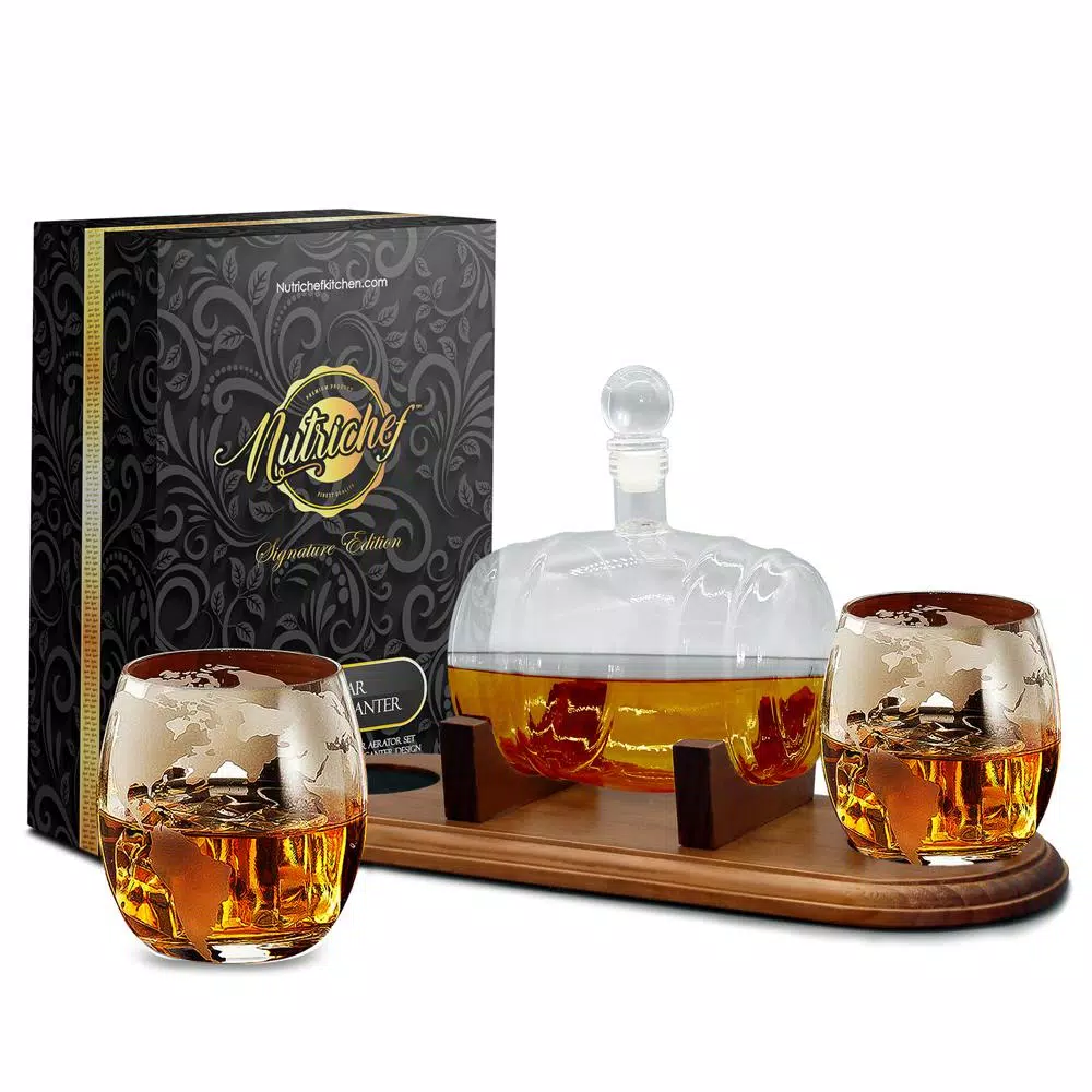 Bar Accessories NutriChef 25 Oz. Glass Wine And Whiskey Decanter Aerator Set With Whiskey Glasses