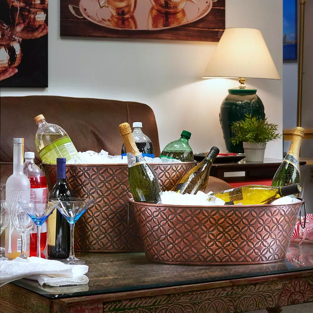 Bar Accessories Old Dutch “Floral” 6.5 Gal. And 3.5 Gal. Galvanized Antique Copper Party Tubs (Set Of 2) - Image 3