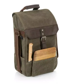 Bar Accessories Picnic Time 2-Bottle Khaki Green Waxed Canvas Wine Cooler Bag And Cheese Board Set