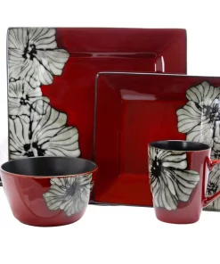 Elama Winter Bloom 16-Piece Asian Inspired Red Earthenware Dinnerware Set (Service For 4)