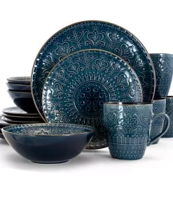 Elama Deepsea Mozaic 16-Piece Modern Sea Blue Stoneware Dinnerware Set (Service For 4)