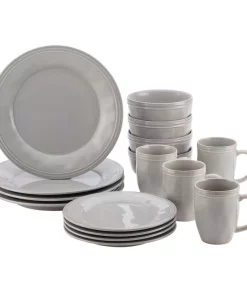 Rachael Ray 16-Piece Solid Sea Salt Gray Ceramic Dinnerware Set (Service For 16)