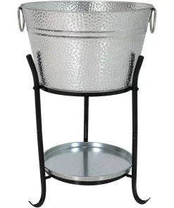 Bar Accessories Sunnydaze Decor Pebbled Galvanized Steel Ice Bucket Drink Cooler With Stand And Tray