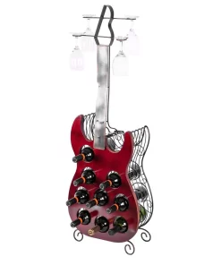 Bar Accessories Vintiquewise Vintage Wood And Metal Guitar Shaped 9-Bottle Freestanding Decorative Wine Holder