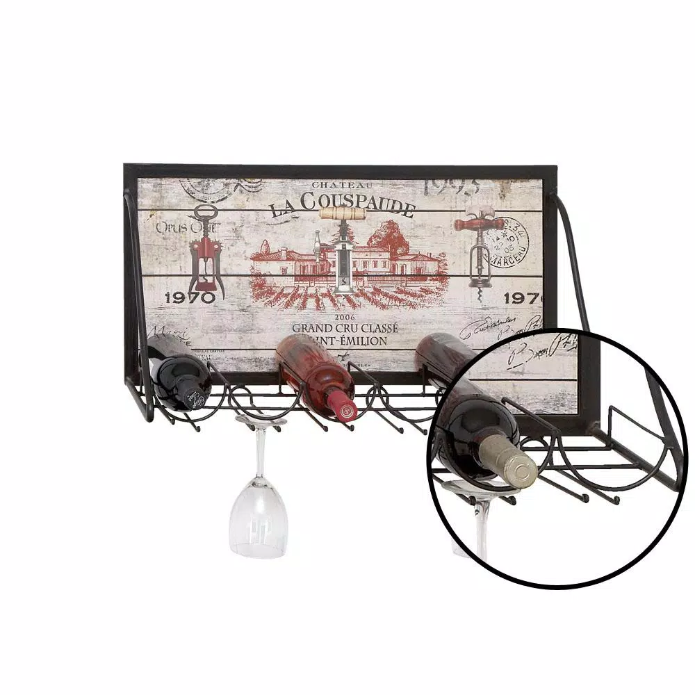 Bar Accessories LITTON LANE Wood And Iron 6-Bottle Wall Mounted Wine Rack With Stemware Holder - Image 3