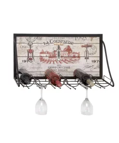 Bar Accessories LITTON LANE Wood And Iron 6-Bottle Wall Mounted Wine Rack With Stemware Holder