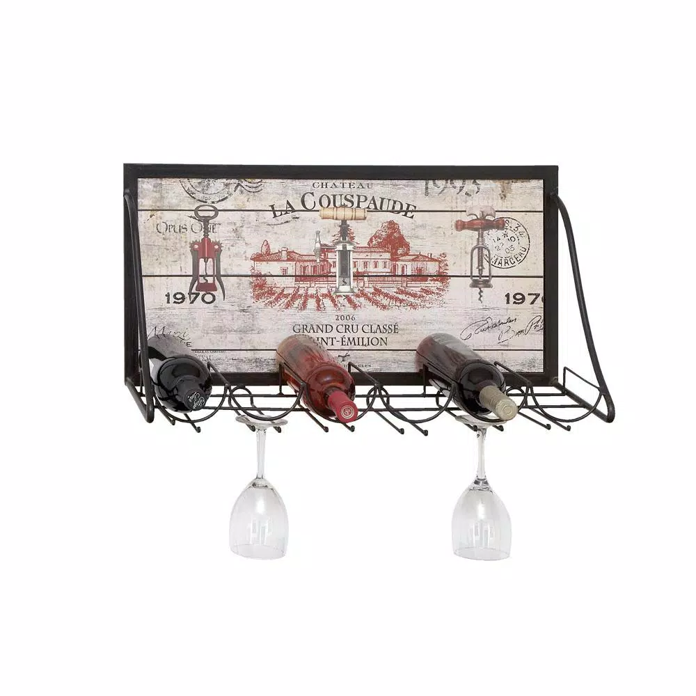 Bar Accessories LITTON LANE Wood And Iron 6-Bottle Wall Mounted Wine Rack With Stemware Holder